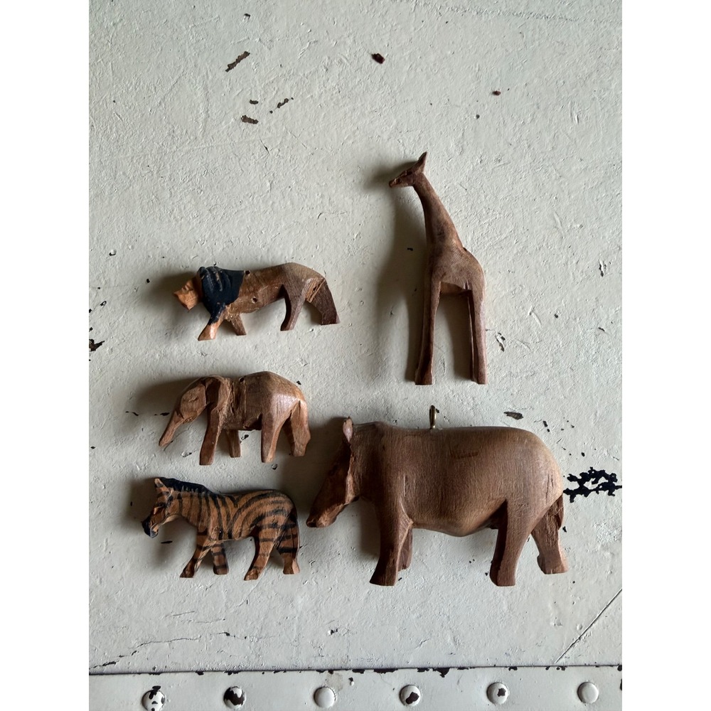 Unbranded Wooden‎ Safari Animal Beads Brown Hand Carved Folk Art Set 5 Vintage